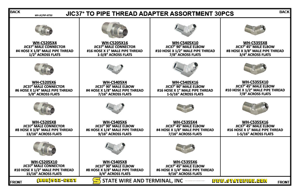 JIC37° To Pipe Thread Adapter 30 Piece Kit State Wire
